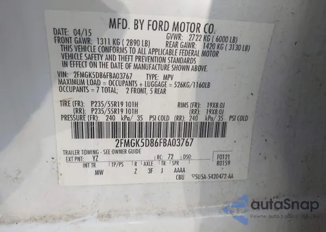 2015 Ford Flex Limited из США, поврежденный, VIN 2FMGK5D86FBA03767